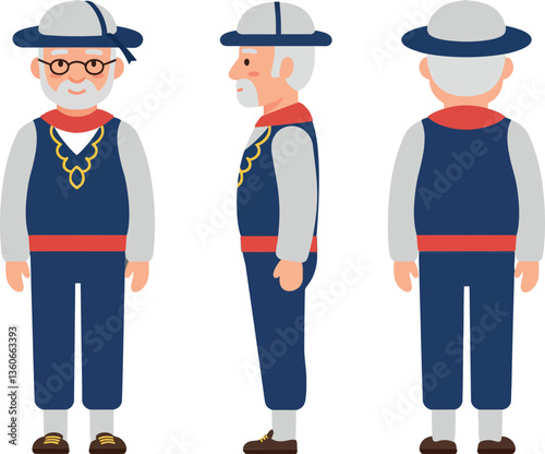 Elderly man in traditional attire showcasing front, side, and back views in a flat, colorful vector illustration
