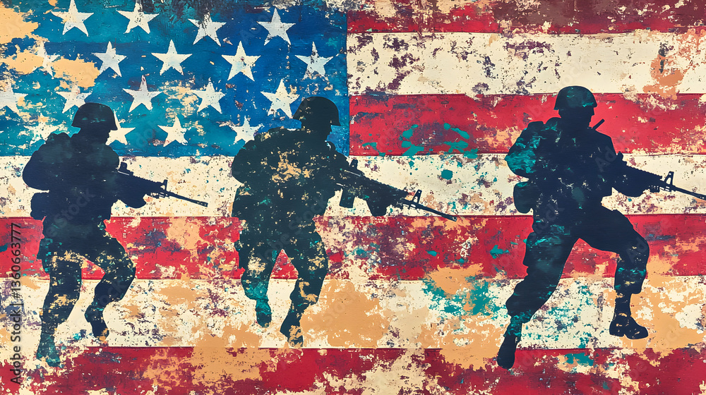 Naklejka premium Soldiers in silhouette advance against a weathered American flag backdrop during a moment of unity and patriotism