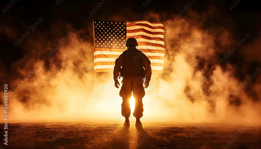 Fototapeta premium Silhouetted soldier, flag backdrop, nighttime, smoky