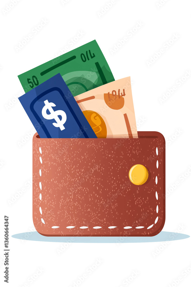 Obraz premium A stylish brown wallet filled with various banknotes and coins, showcasing a mix of currencies. Perfect for financial themes, budgeting, or personal finance concepts.