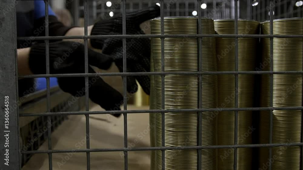worker stacking lids, can lid production, slow motion, close-up worker stacking lids, can lid production, slow motion, close-up