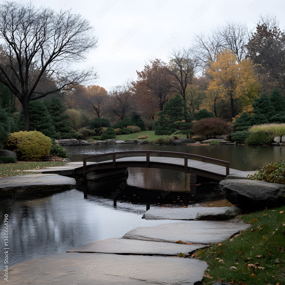 Fototapeta premium Autumnal Japanese garden bridge, tranquil pond, misty background; serene landscape design