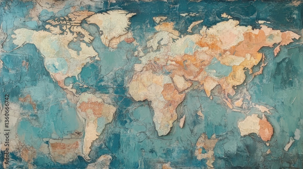 World Map on Distressed Teal Wall World Map on Distressed Teal Wall