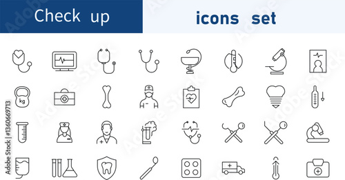 Set of Check up web icons in line style. Diagnosis, doctor, exam, examination. Vector illustration bundle .

