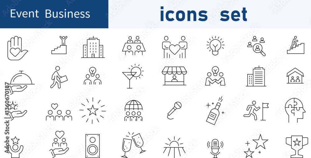 Naklejka premium Set of Event Business web icons in line style. business, coaching, gift, vector. Vector illustration bundle . 