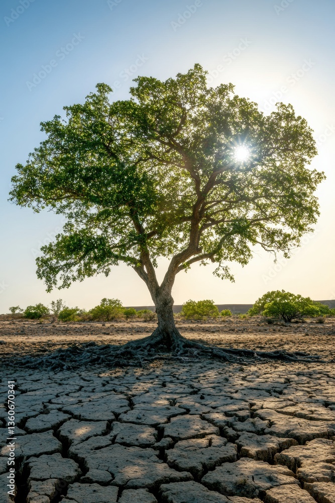 A tree in dry land. Drought. Desperate, sad. Concept.