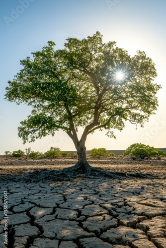 A tree in dry land. Drought. Desperate, sad. Concept.