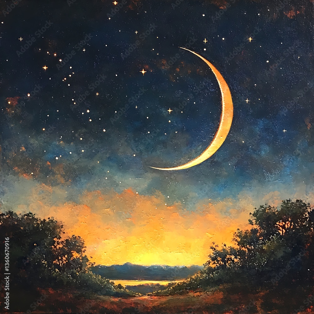 Fototapeta premium Crescent moon over a tranquil landscape at twilight