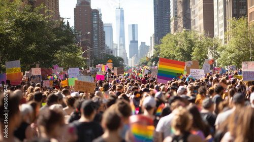 Massive Pride Parade Crowd Marching Through City Streets with Rainbow Flags
