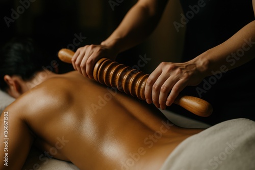 Wood therapy massage using wooden roller on bare back in wellness spa treatment

