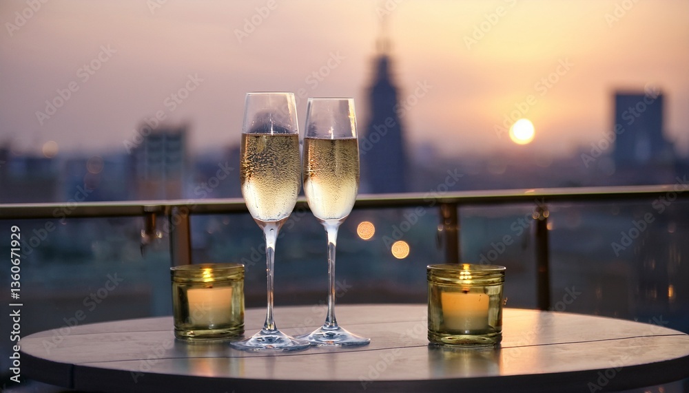 Obraz premium Two champagne glasses rising above a candlelit table in a rooftop bar