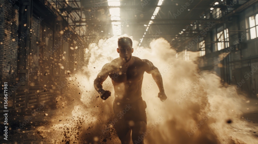 Obraz premium Powerful Athlete Sprinting Through Dusty Environment Dynamic Action Shot Fitness Motivation