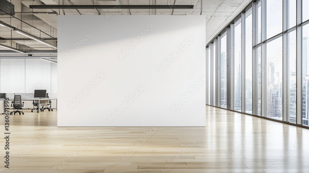 Modern office space with blank wall and expansive city view through windows Modern office space with blank wall and expansive city view through windows