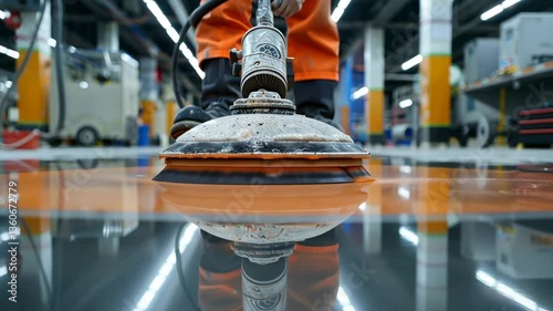Industrial Floor Polishing: A Close-Up View of a Worker Using a Wet Polisher