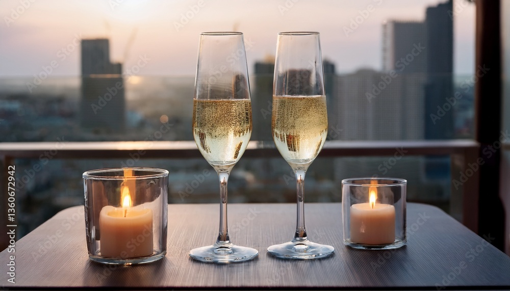 Two champagne glasses rising above a candlelit table in a rooftop bar Two champagne glasses rising above a candlelit table in a rooftop bar