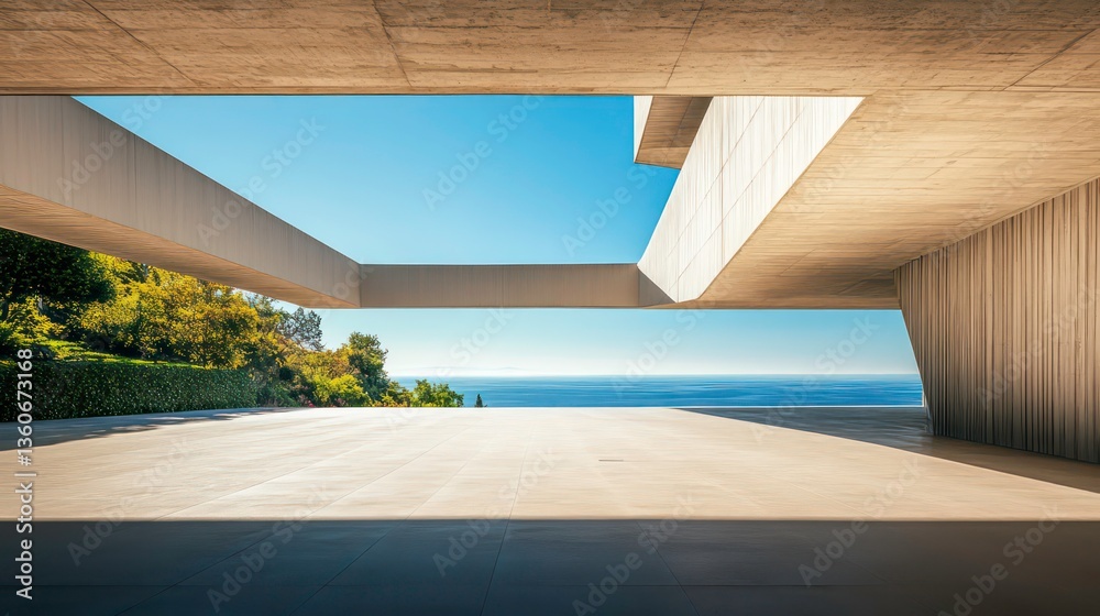 Fototapeta premium Empty modern concrete architecture exterior. Open space with sunlight. Futuristic design. View of sky, possibly sea. Stylish, contemporary design for commercial residential building.