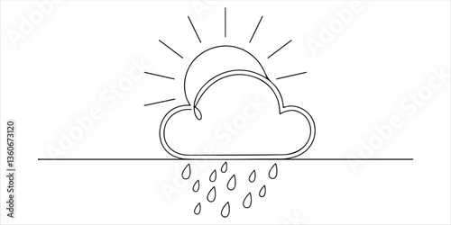A single continuous line drawing of a weather icon featuring sunshine and light rain. The ever-changing nature of weather conditions reminds us to stay prepared with an umbrella at all times. 