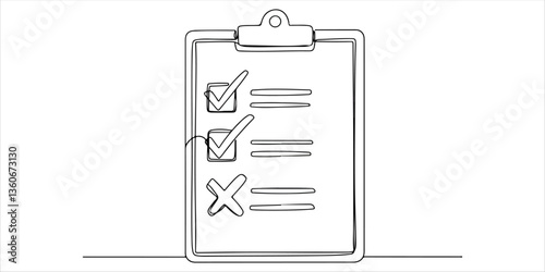 A single continuous line drawing of a clipboard featuring a check mark and an X symbol. It represents listing facts in detail, ensuring accuracy, and preventing misinformation. Promoting truth.