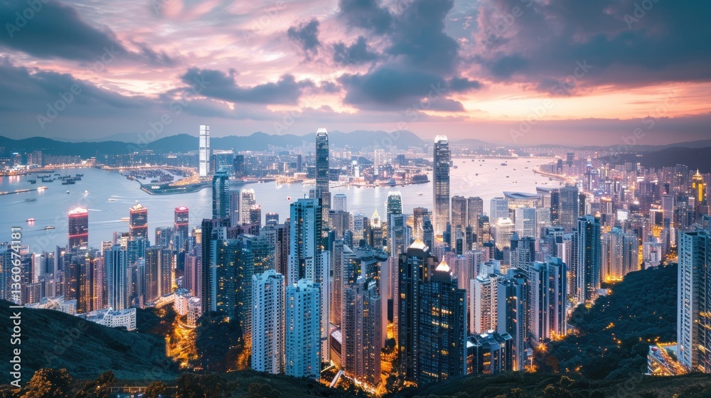 Fototapeta premium Sunset Over a Vibrant Urban Skyline with Illuminated Skyscrapers and Waterfront View