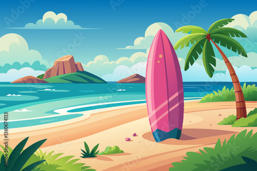 A minimalistic summer beach scene vector with a pink surfboard standing upright on soft sand, a small island in the distance