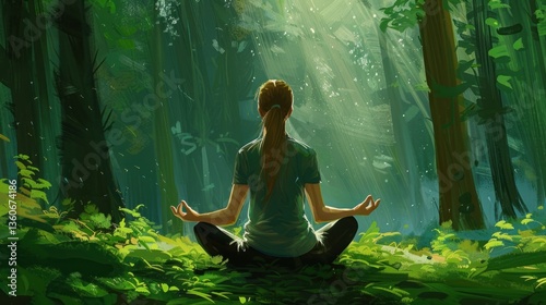 Serene Meditation in a Lush Forest A Person Finds Peace Amidst Natures Beauty Surrounded by