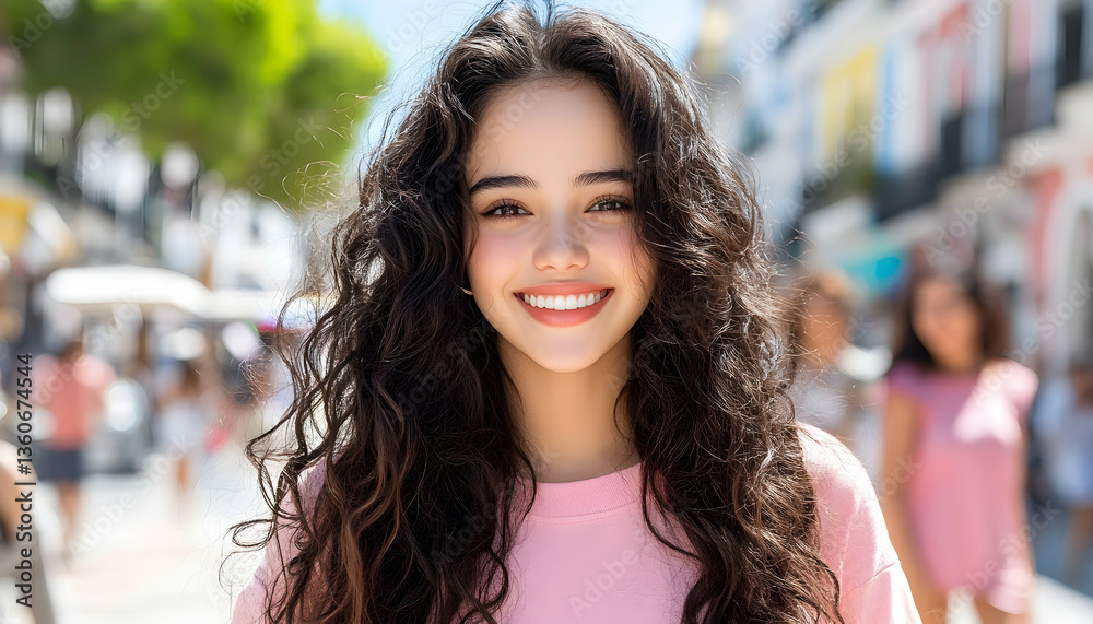 Fototapeta premium Smiling woman, long curly hair, city street, sunny day