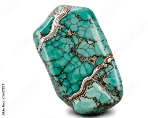 Exquisite variscite gemstone artfully adorned with precious metal accentuation showcasing intricate matrix patterns and captivating aesthetics, captured in studio lighting