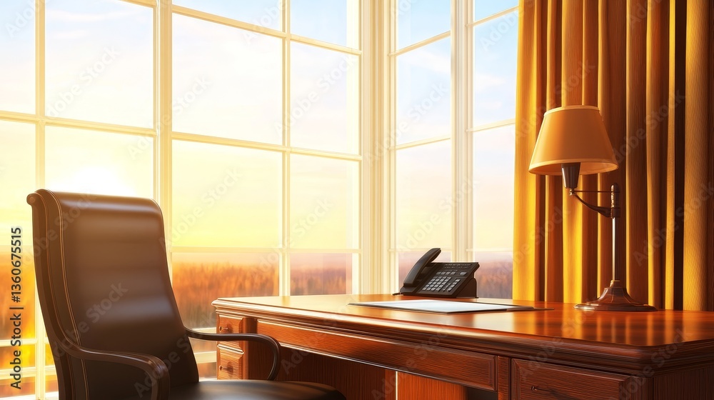 Fototapeta premium Elegant office interior with sunset view, featuring a desk, chair, and phone, creating a serene atmosphere
