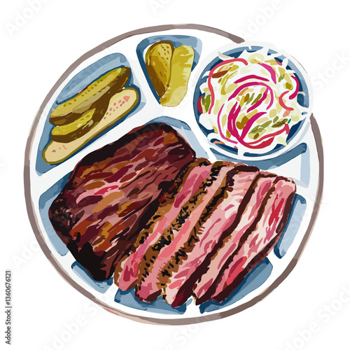 Watercolor BBQ Brisket Plate with Pickles and Coleslaw
