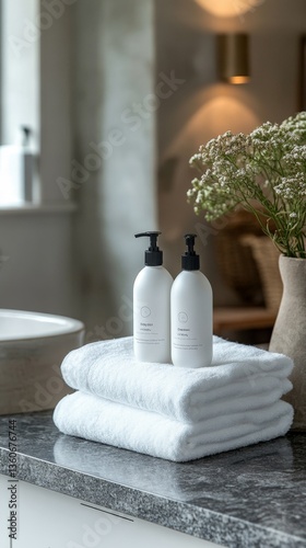 Two bottles of lotion are on top of two white towels. The towels are stacked on top of each other