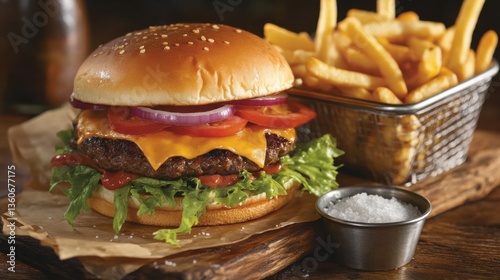Fotografía de hamburguesa con papas fritas