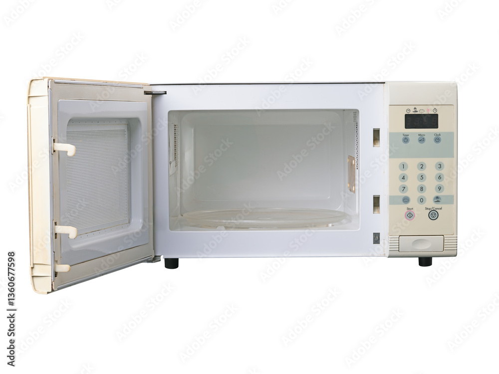 Obraz premium Empty open microwave on isolated background.
