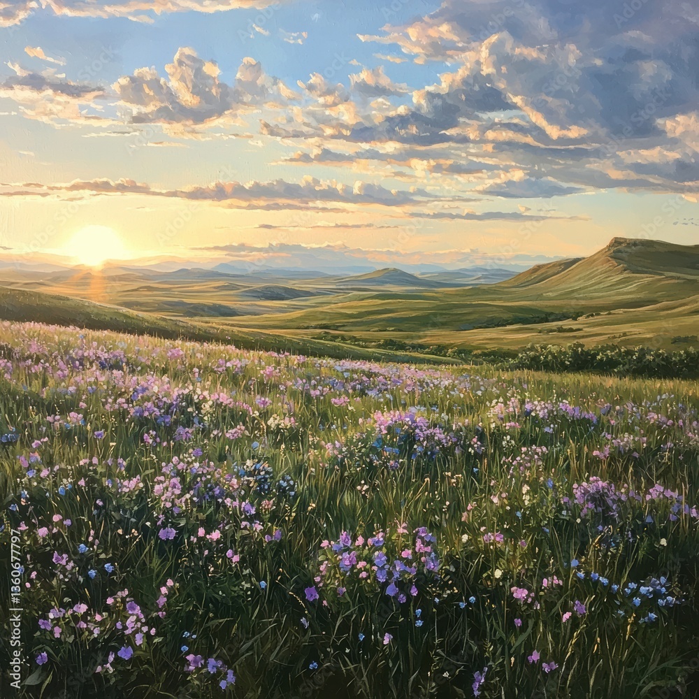 Obraz premium Sunset Prairie Landscape Painting Vibrant Wildflowers at Golden Hour