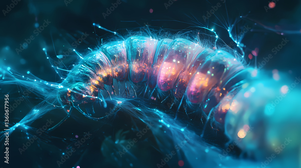 custom made wallpaper toronto digitalCaterpillar entering cocoon phase, soft silk fibers forming around it, holographic light emanating, bioluminescent glow, surrealism, detailed close-up. Bioluminescent Pupa. Illustration