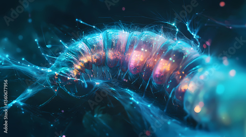 Wallpaper Mural Caterpillar entering cocoon phase, soft silk fibers forming around it, holographic light emanating, bioluminescent glow, surrealism, detailed close-up. Bioluminescent Pupa. Illustration Torontodigital.ca