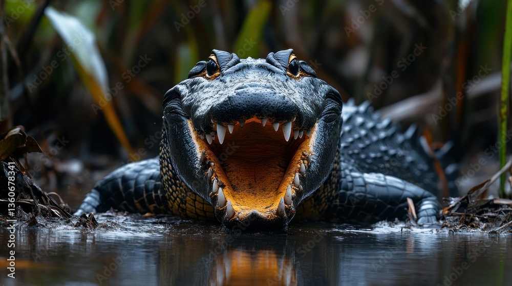Obraz premium Crocodile in murky swamp water, mouth open