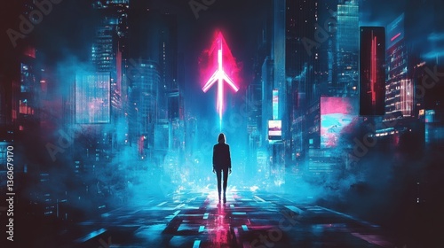 Glowing neon arrow pointing upward in a futuristic digital cityscape, progress and technology