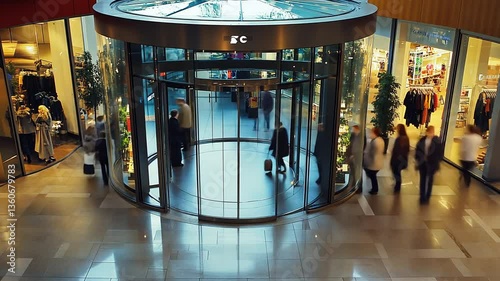 People entering and exiting a modern shopping center through revolving doors.