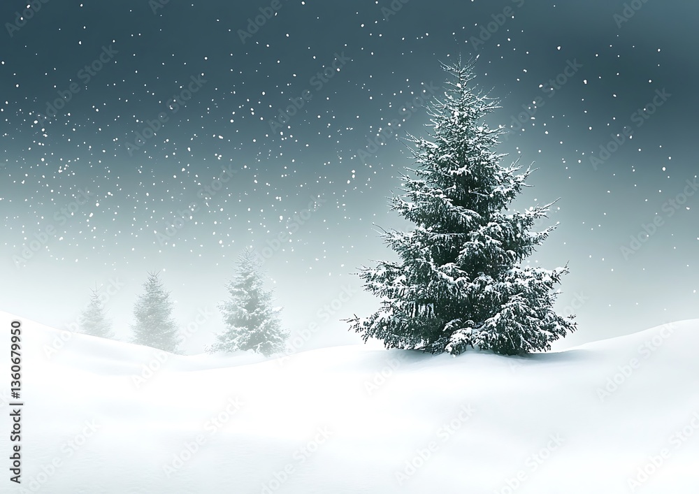 Obraz premium A snowy winter landscape with evergreen trees falling snow