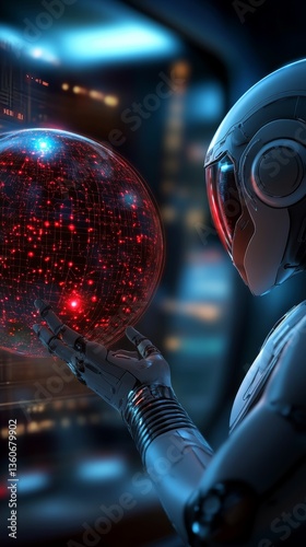 Futuristic robot exploring a glowing orb of stars and data in a high-tech control room during a science fiction setting
