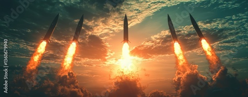 Obraz na płótnie Multiple Missiles Launching at Sunset - Dramatic War Scene