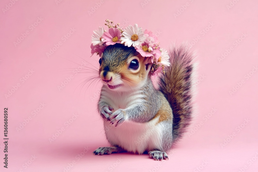 Obraz premium Cute baby animal squirrel wearing savage flower crown on its head - symbol of sunny warm season. Isolated pink background, copy space, digital ads concept artwork graphic design.