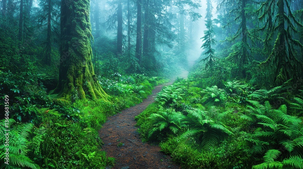 Obraz premium Enchanting Misty Forest Trail A Journey into Lush Greenery