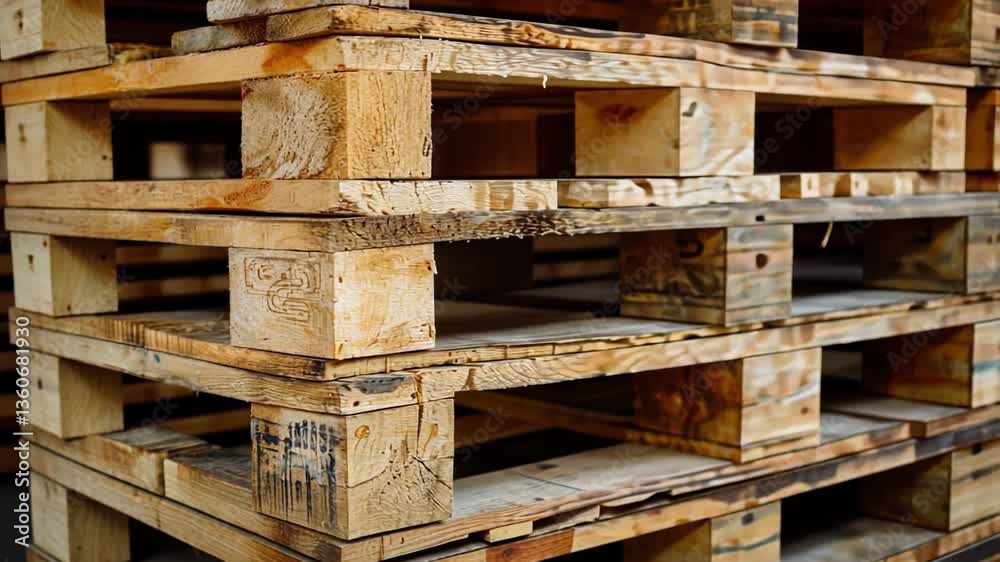 Wooden pallets are neatly stacked in a warehouse, showcasing the craftsmanship involved in their construction. The warm sunlight creates a vibrant atmosphere highlighting their textures and details Wooden pallets are neatly stacked in a warehouse, showcasing the craftsmanship involved in their construction. The warm sunlight creates a vibrant atmosphere highlighting their textures and details