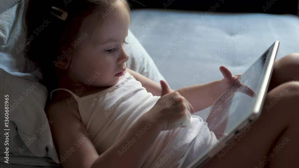 Cute baby girl looking at photos with tablet. Little daughter playing games on smartphone. Study on digital tablet at home. Child playing on tablet internet. Little girl on sofa playing with gadget. Cute baby girl looking at photos with tablet. Little daughter playing games on smartphone. Study on digital tablet at home. Child playing on tablet internet. Little girl on sofa playing with gadget.