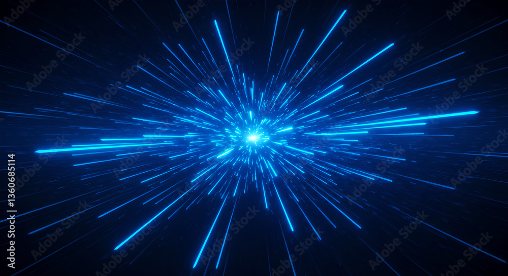 Fototapeta premium Warp speed light trails, abstract acceleration toward bright future in deep universe, cosmic burst background design with creative technology for presentation