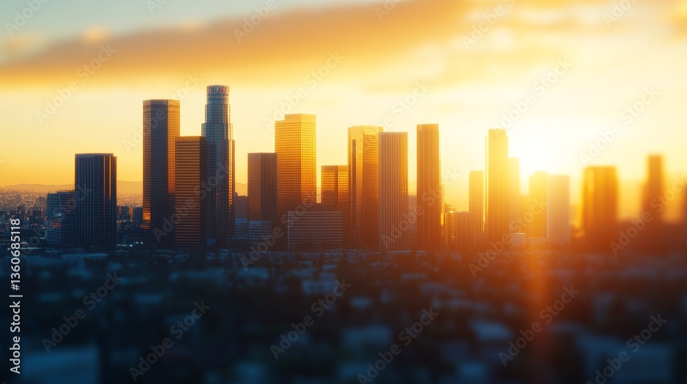 Fototapeta premium Sunset over Los Angeles skyline with blurred cityscape, capturing vibrant color and urban life