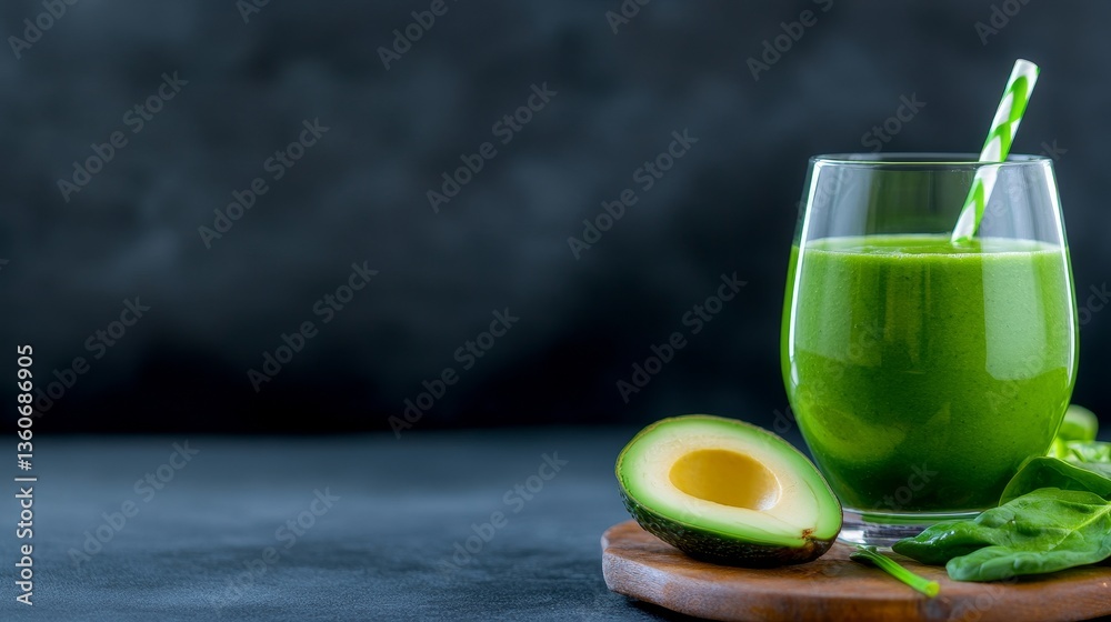 Refreshing green smoothie in a glass with a striped straw, avocado, and spinach on a wooden board Refreshing green smoothie in a glass with a striped straw, avocado, and spinach on a wooden board