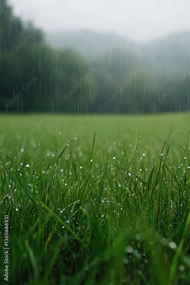 Lush green plants in Spring rain.