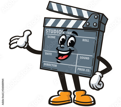 Clapperboard character cartoon is posing to present or welcome